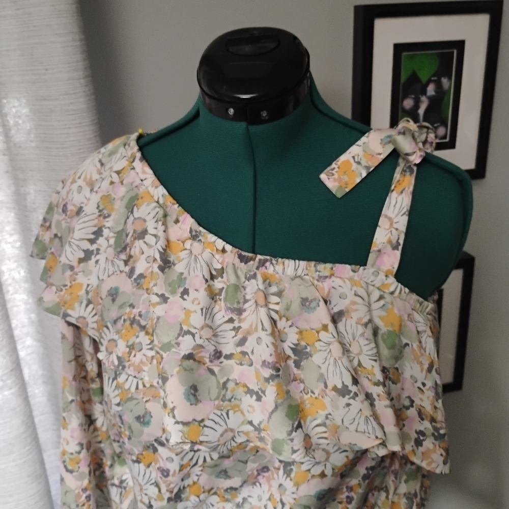 Lauren Conrad Ruffle Lady Daisies Pastel Satiny One-Shoulder Tie Top Sz L NWOT - Picture 9 of 11